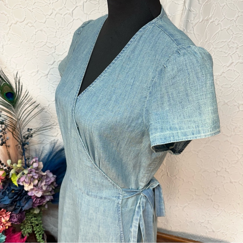 POLO Ralph Lauren🩵 Chambray Blue Wrap Midi Ruffle Tie Dress (10) - Picture 5 of 16